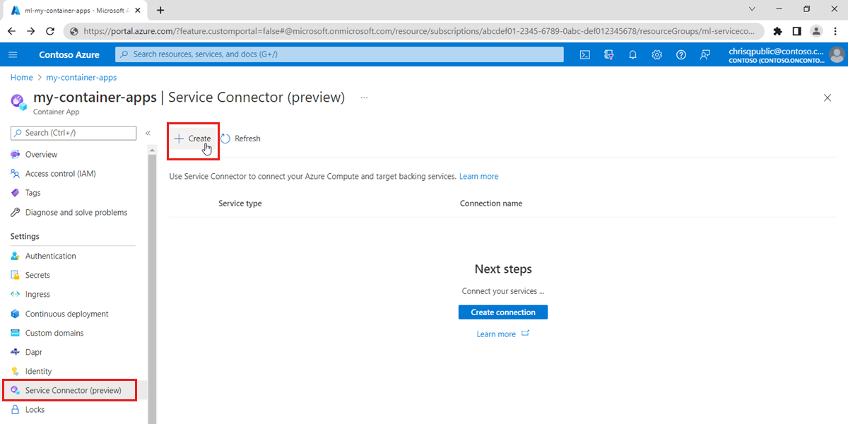 コンテナー アプリ内で Service Connector が選択されている Azure portal のスクリーンショット。