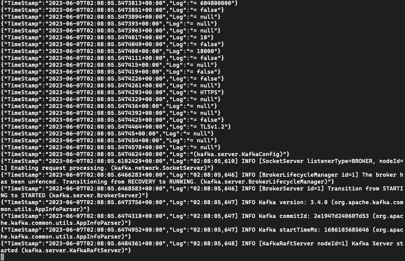 コンテナー アプリの Kafka サービス ログのスクリーンショット。
