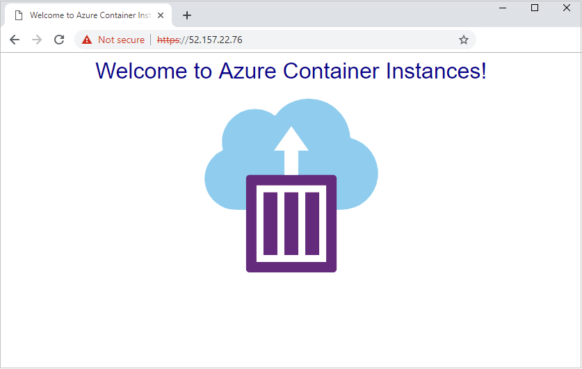 Azure コンテナー インスタンスで実行されているアプリケーションを示すブラウザー スクリーンショット