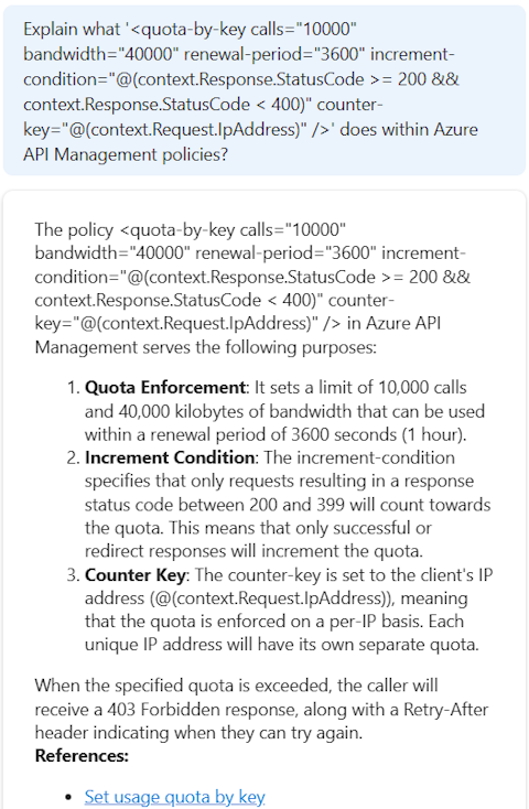 特定の API Management ポリシーに関する情報を提供する Microsoft Copilot in Azure のスクリーンショット。