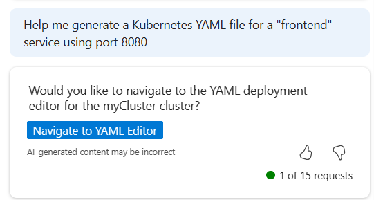 Microsoft Copilot in Azure で AKS YAML ファイルを生成するためのヘルプを求めるプロンプトのスクリーンショット。