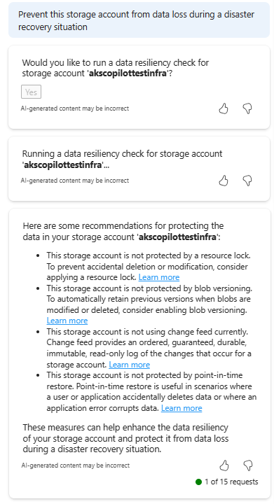 ストレージ アカウントのデータの回復性を向上するための推奨事項を提供する Microsoft Copilot in Azure を示すスクリーンショット。