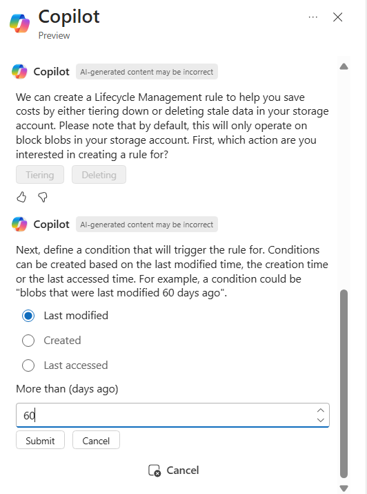 ストレージ アカウントのライフサイクル管理ルールのアクションと条件を確認する Microsoft Copilot in Azure のスクリーンショット。