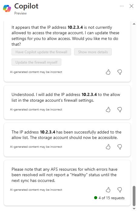 ストレージ アカウントへのアクセス用の IP アドレスが許可リストに追加されたことが Microsoft Copilot in Azure によって確認されているスクリーンショット。