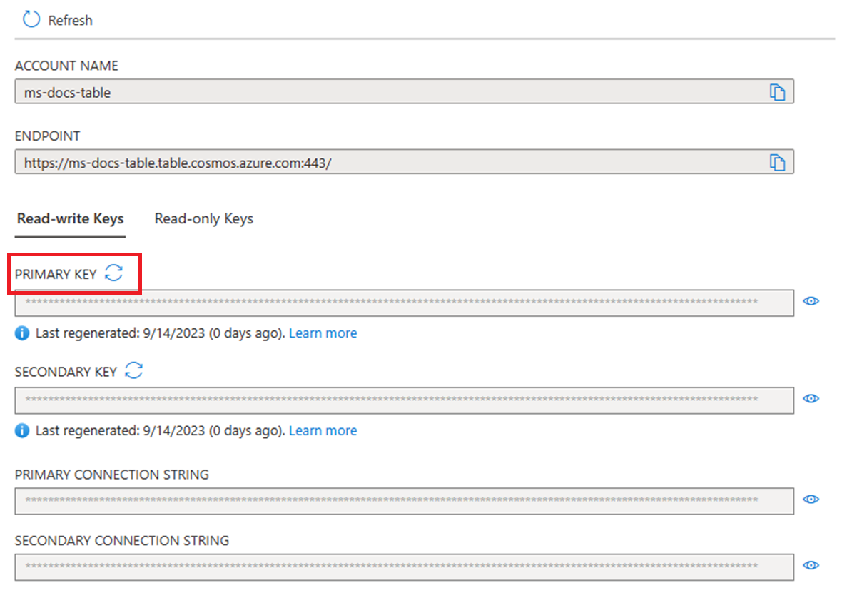 Table API で使用される主キーを Azure portal で再生成する方法を示すスクリーンショット。