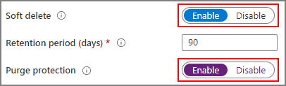 新しい Azure Key Vault インスタンスの論理的な削除と消去の保護プロパティのスクリーンショット。