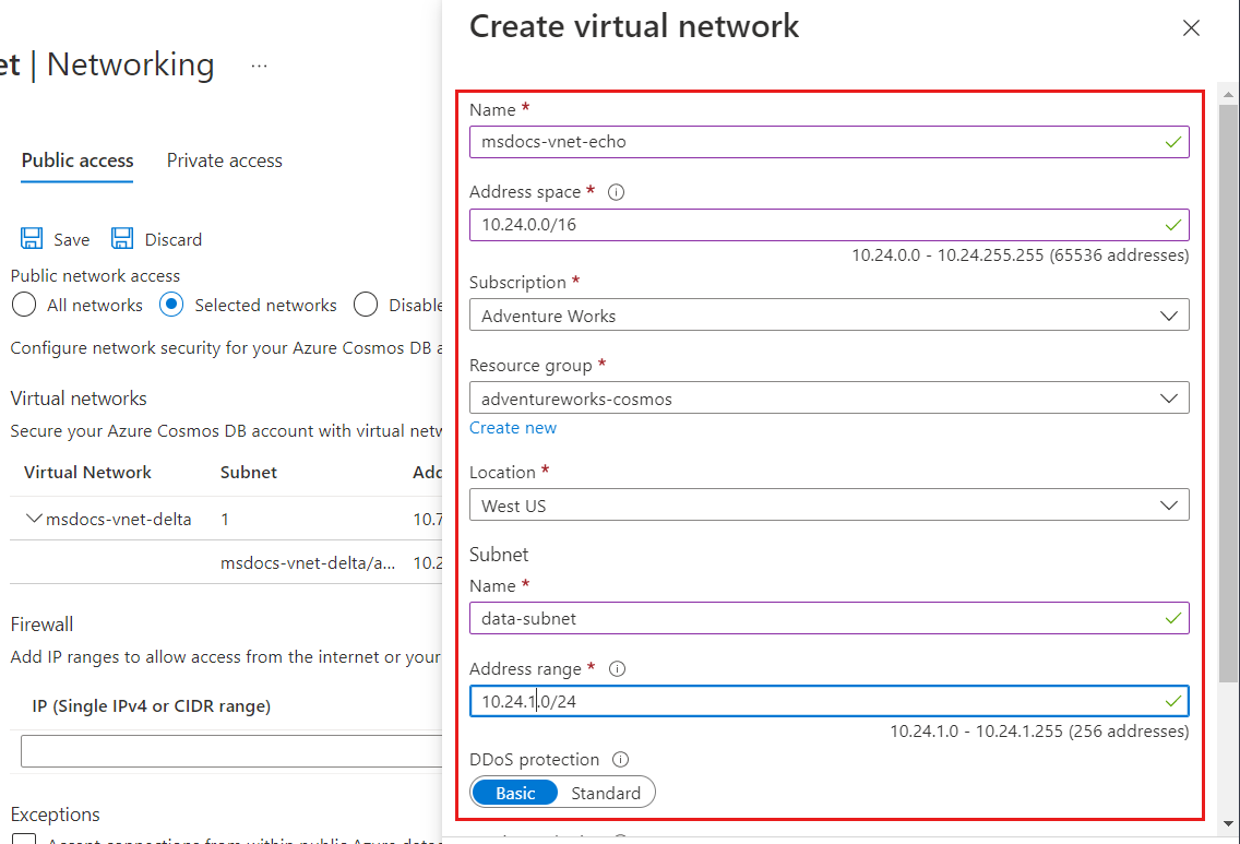 新しい Azure Virtual Network を作成し、サブネットを構成して、Azure Cosmos DB サービス エンドポイントを有効にするためのダイアログのスクリーンショット。