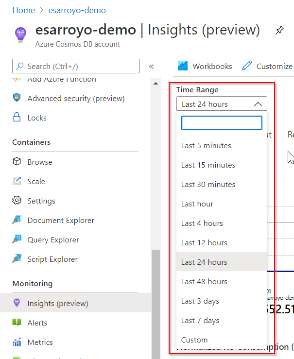 Azure Cosmos DB の時間範囲を示すスクリーンショット。