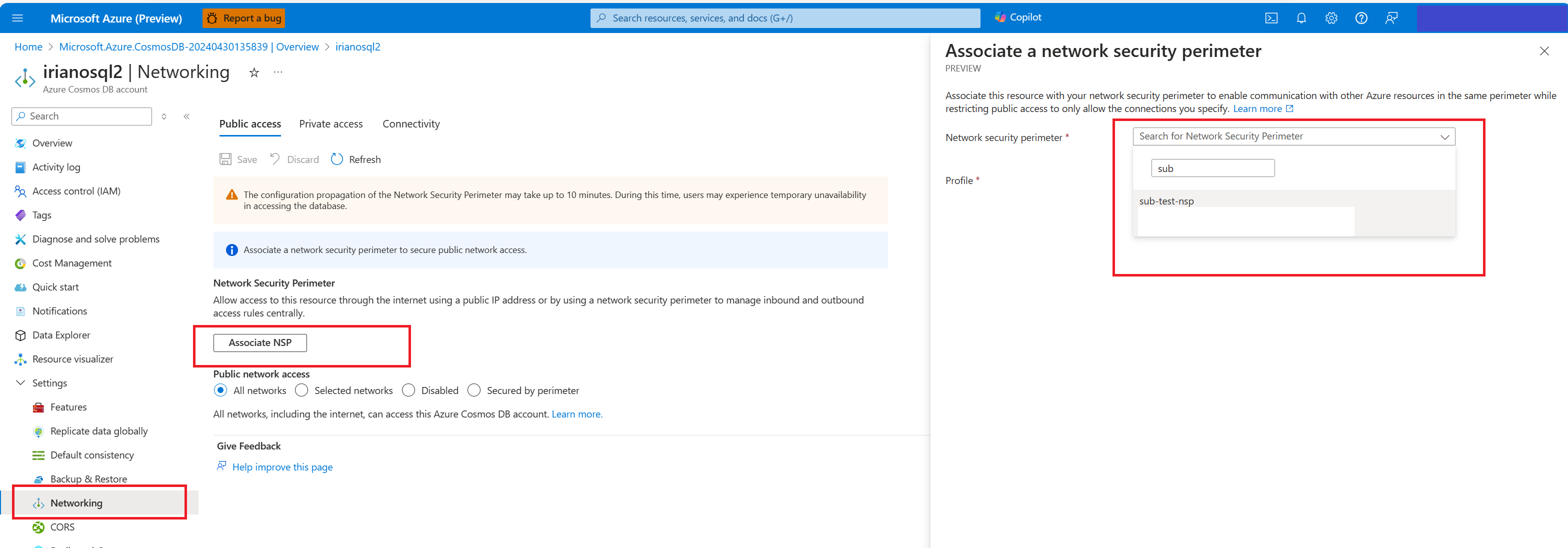 NSP を Azure リソースに追加する方法を示すスクリーンショット。