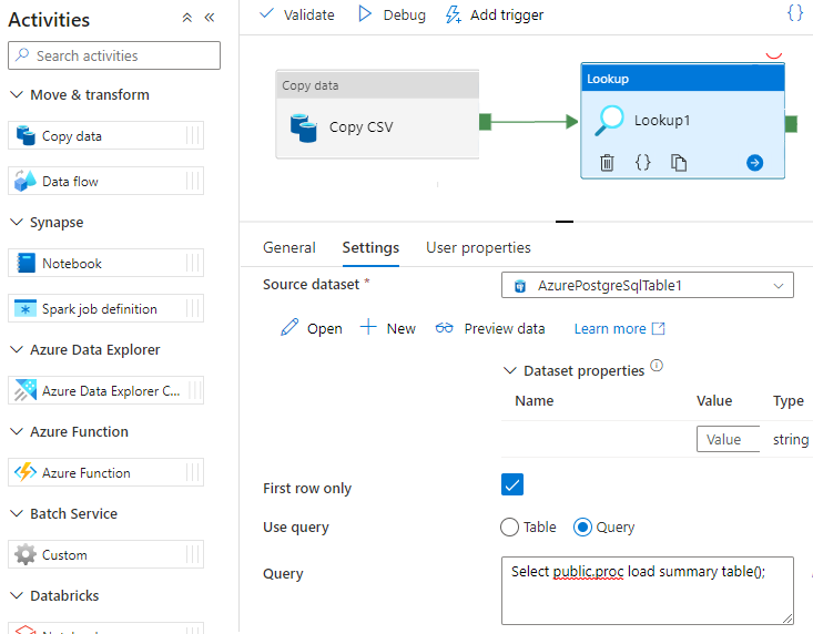 Azure Data Factory でのプロシージャの呼び出しを示すスクリーンショット。