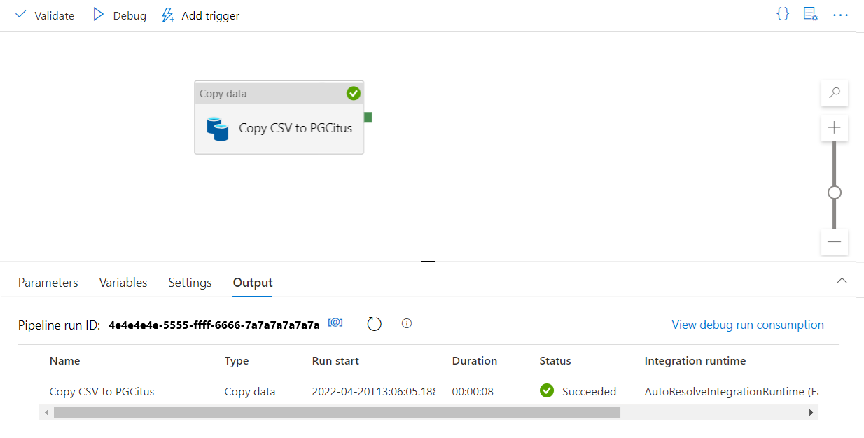 Azure Data Factory でのデバッグと実行を示すスクリーンショット。