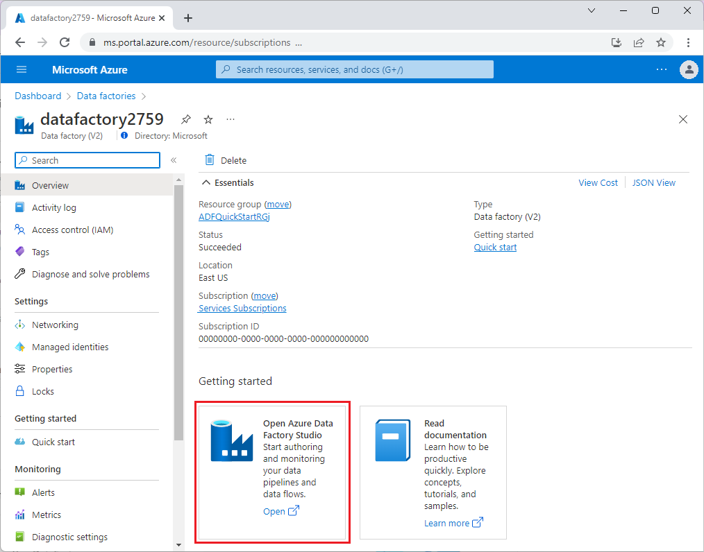 Azure Data Factory のランディング ページを示すスクリーンショット。