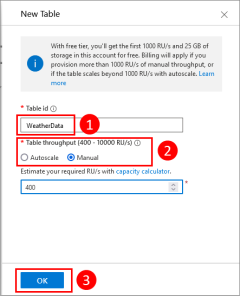 [新しいテーブル] ダイアログ ボックスで Azure Cosmos DB テーブルの情報の入力方法を示すスクリーンショット。