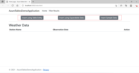 Table API を使用して Azure Cosmos DB にデータを挿入するためのボタンの位置を示すアプリケーションのスクリーンショット。