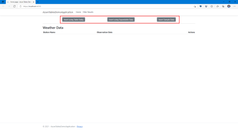 Table API を使用して Azure Cosmos DB にデータを挿入するためのボタンの位置を示すアプリケーションのスクリーンショット。