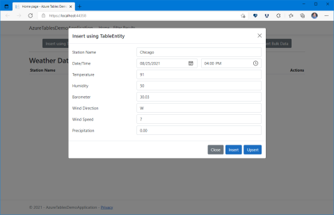 TableEntity オブジェクトを使用してデータを挿入するために使用されるダイアログ ボックスを示すアプリケーションのスクリーンショット。