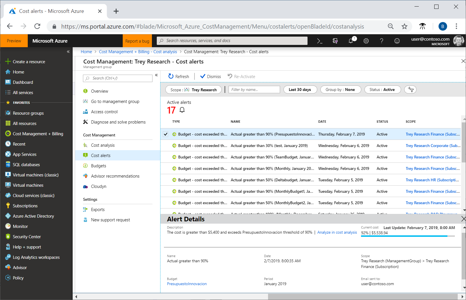 Cost Management 内の [コストのアラート] ページとアラートの例を示すスクリーンショット。