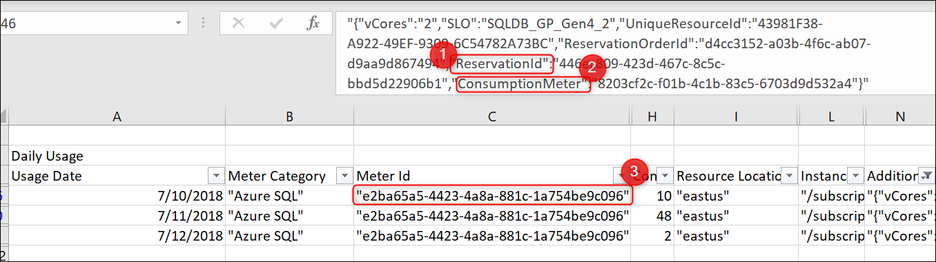 予約容量の CSV ファイルの詳細を示すスクリーンショット。