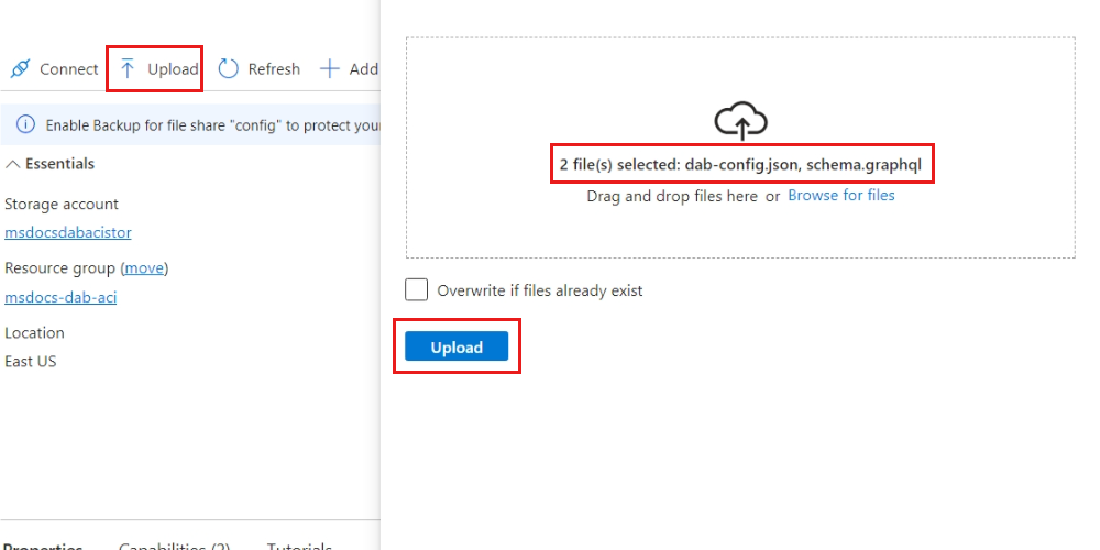 Screenshot of the **Upload files** dialog in the Azure portal.