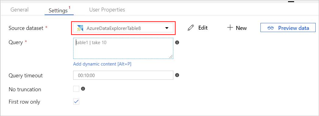 Azure Data Explorer データセットを使用したルックアップの設定。