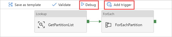 [デバッグ] ボタンと [Run pipeline]\(パイプラインの実行\) ボタン