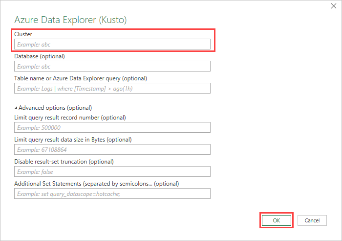 Azure Data エクスプローラー (Kusto) ウィンドウを示すスクリーンショット。