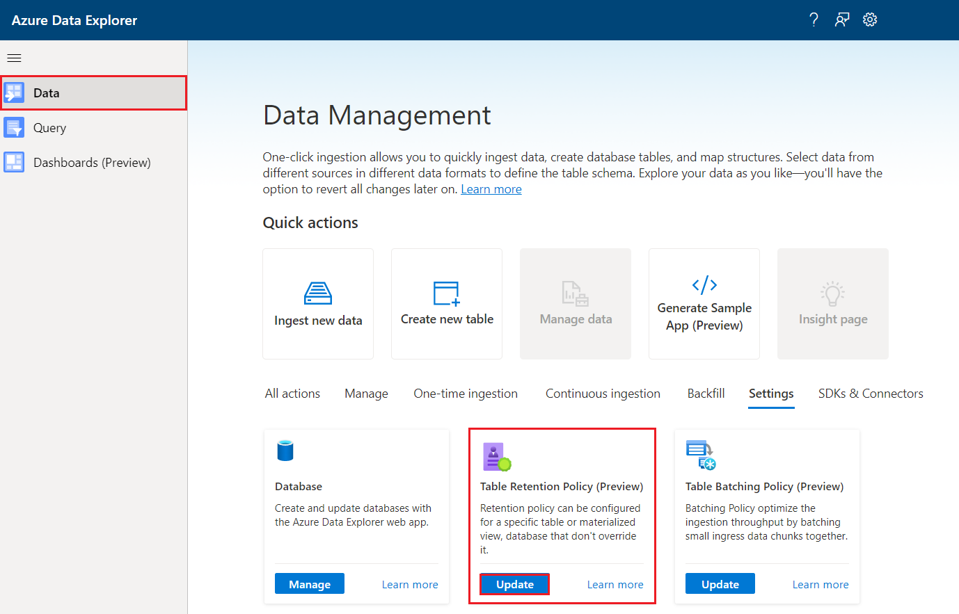 Azure Data Explorer Web UI でテーブル保持ポリシー ウィザードが表示されたデータ管理画面のスクリーンショット。