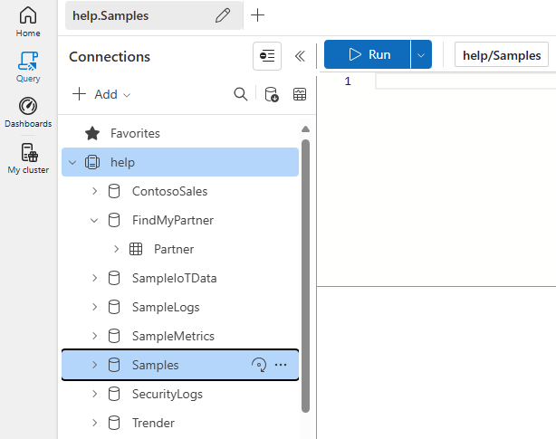 [Samples]\(サンプル\) データベースが選択されているスクリーンショット。