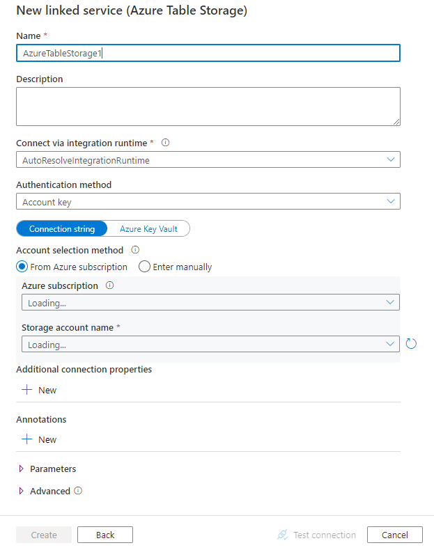 Azure Table Storage のリンク サービスの構成を示すスクリーンショット。