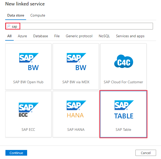 SAP テーブル コネクタのスクリーンショット。