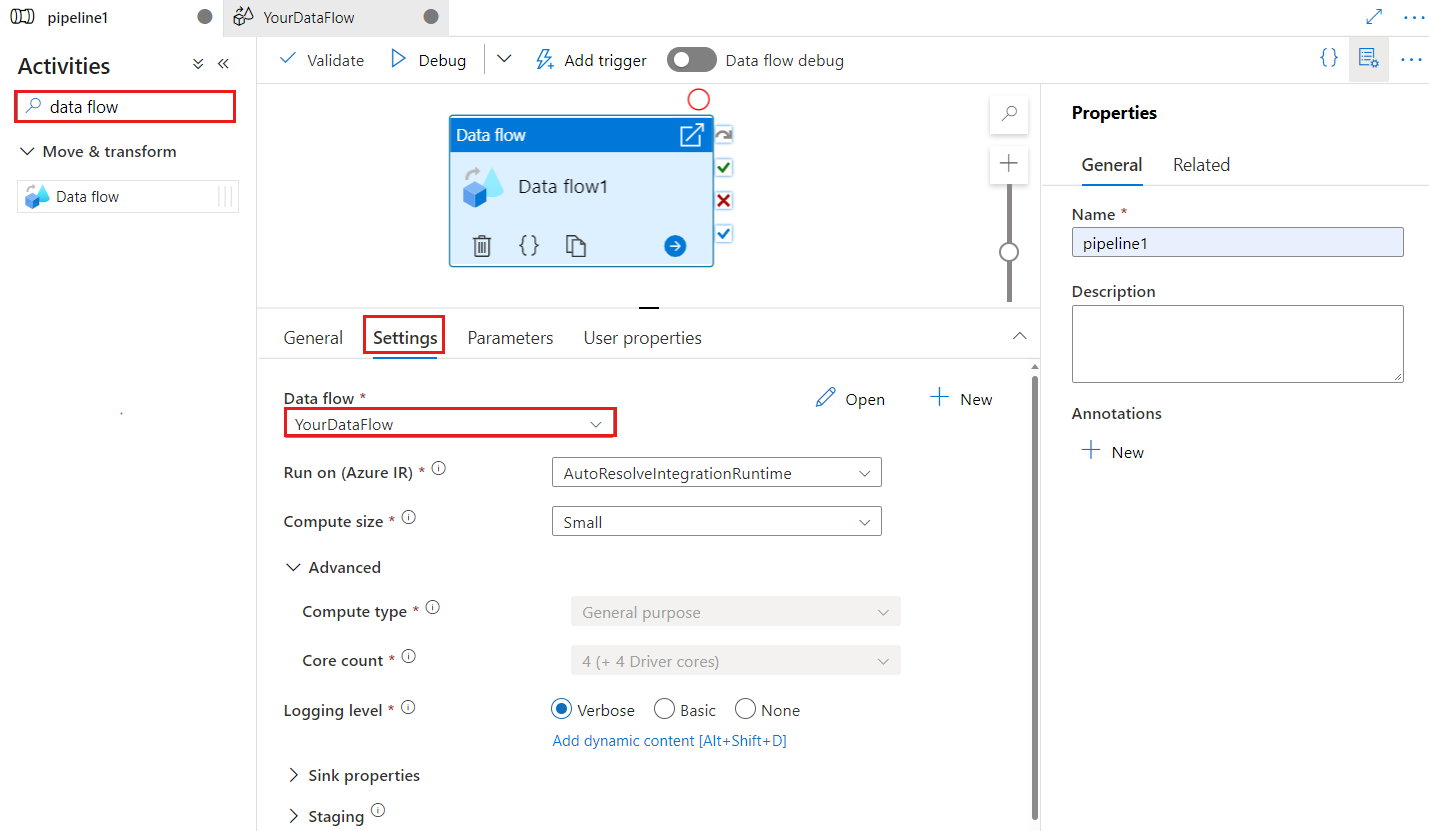 Data Flow アクティビティの UI を示している。