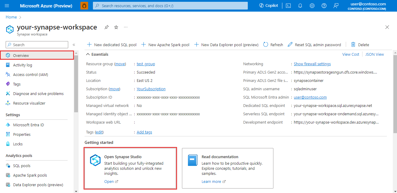 Azure portal から Synapse Studio を開く方法のスクリーンショットを示します。