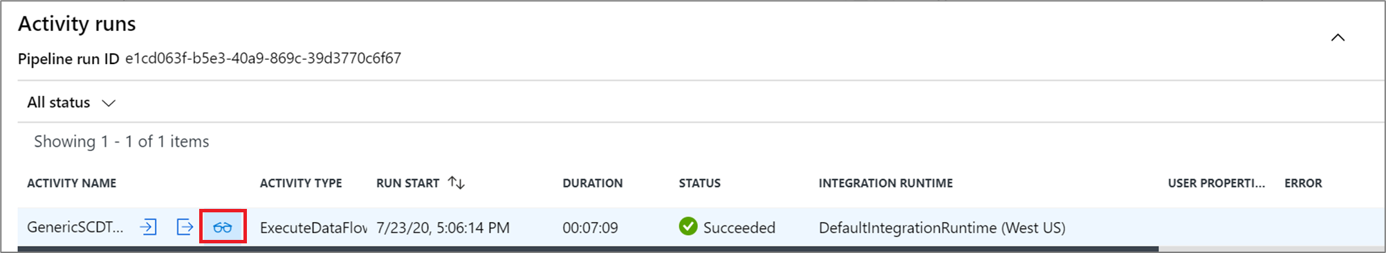 Screenshot shows the eyeglasses icon to see details of data flow execution.