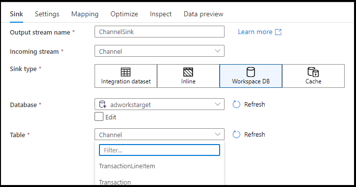 選択されたワークスペース DB を示すスクリーンショット。