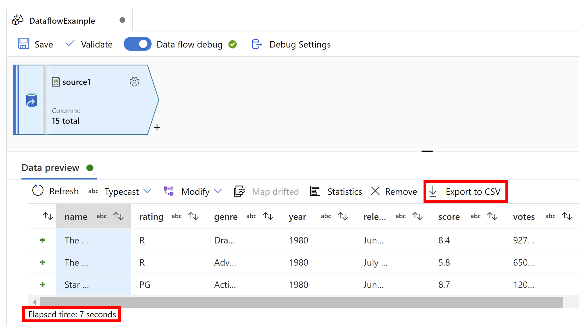 バナーの右上に [エクスポート] ボタンがあり、画面の左下に経過時間が強調表示されたデータ プレビューのスクリーンショット。