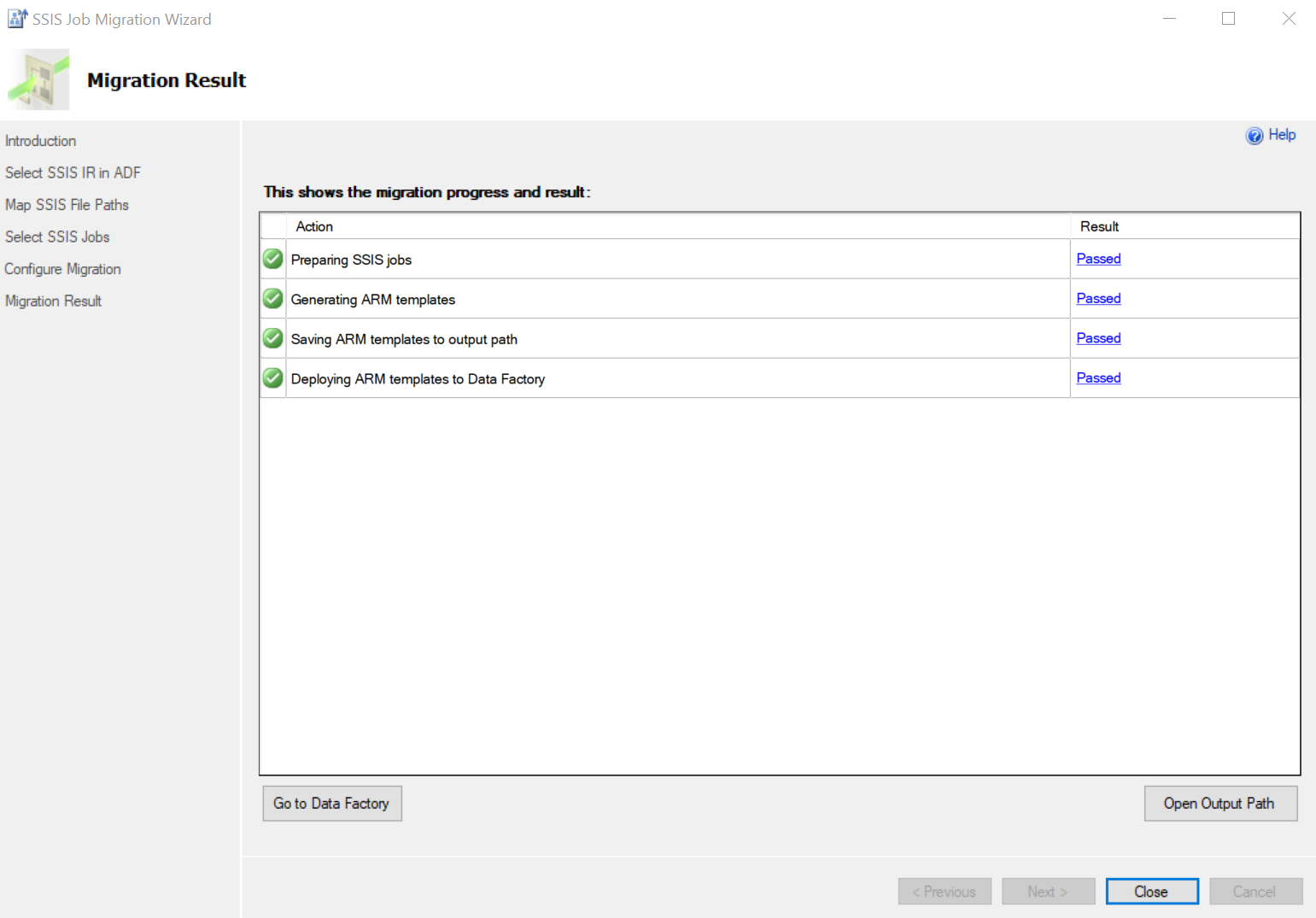 スクリーンショットには、[Migration Result]\(移行結果\) ページが示されています。ここには移行の進行状況が表示されます。