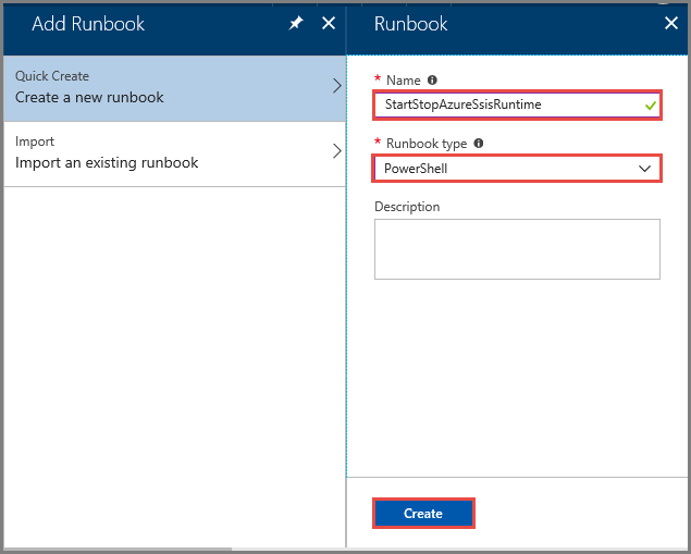 Runbook の作成の詳細を示すスクリーンショット。