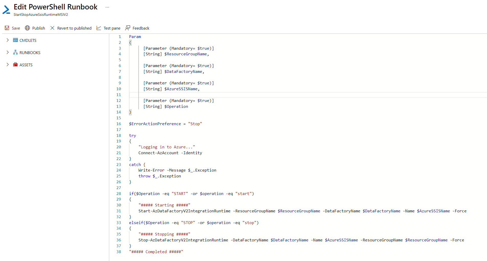 PowerShell Runbook を編集するためのインターフェイスのスクリーンショット。