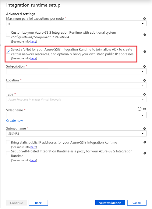 統合ランタイム セットアップの詳細設定のスクリーンショット。ここで、参加するランタイムに仮想ネットワークを選択できます。