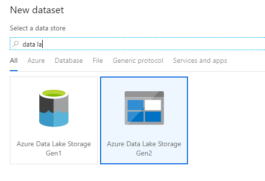 ADLS Gen2 の新しいデータの作成を示す Azure portal のスクリーンショット。