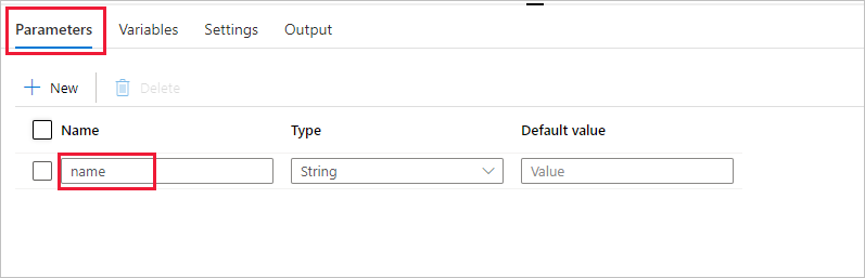 name パラメーターの作成方法を示すスクリーンショット。