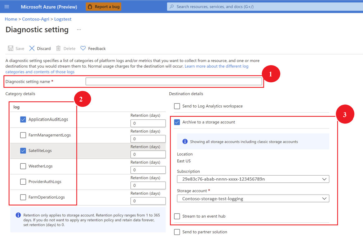 Azure portal で診断設定を作成する手順を示すスクリーンショット。