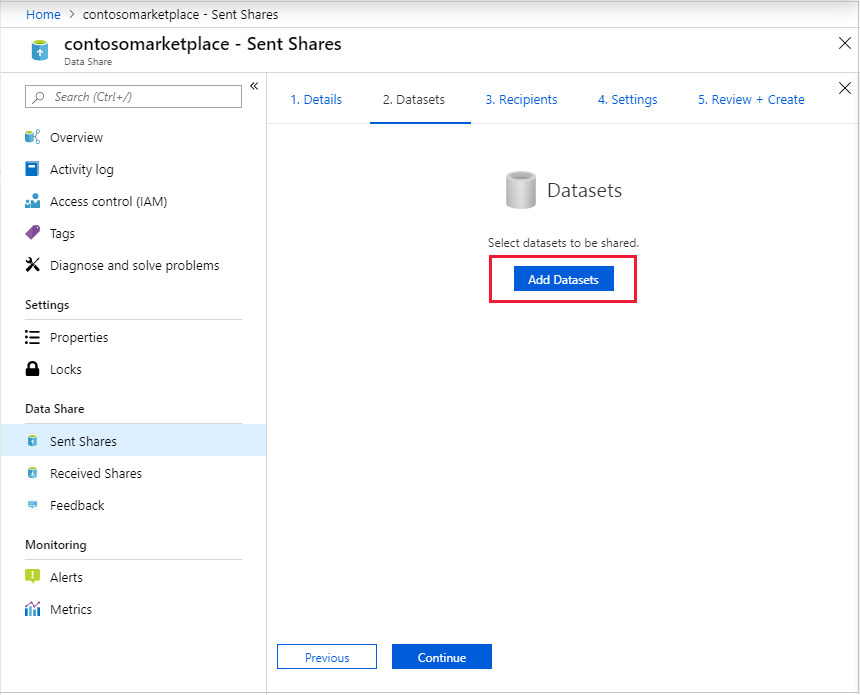 共有の作成時のデータセット ページのスクリーンショット。[データセットの追加] ボタンが強調表示されています。