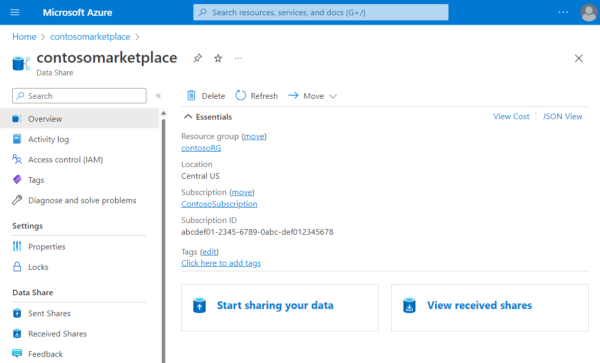 Azure portal の  Azure Data Share 概要ページのスクリーンショット。