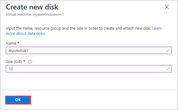 Azure Stack Edge の [仮想マシンの追加] の [新しいディスクの作成] 画面を示すスクリーンショット。[OK] ボタンが強調表示されています。
