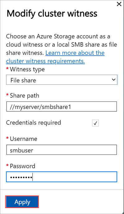 1 つ目のノード上の [Modify cluster witness] (クラスター監視の変更) ブレードでローカルの監視の種類が選択されているローカル Web UI の [クラスター] ページのスクリーンショット。