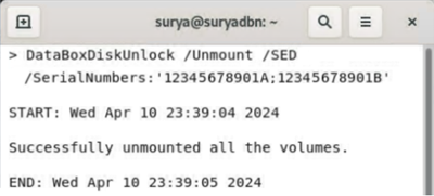 Data Box Disk が正常にマウント解除されたことを示すサンプル出力を表示する画面キャプチャ。