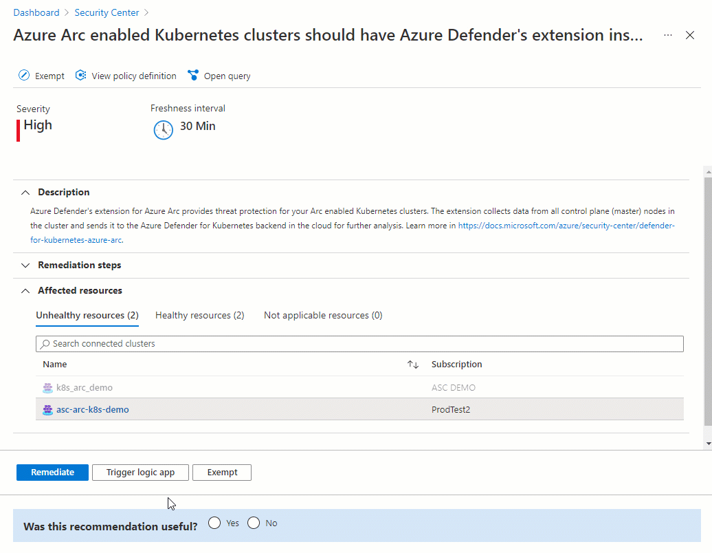 Defender for Cloud の修復を使用した Azure Arc 用 Defender センサーのデプロイを示すアニメーション スクリーンショット。