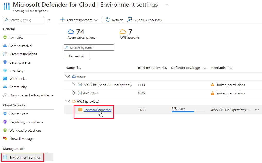 Defender for Cloud 環境設定内の AWS コネクタのスクリーンショット。