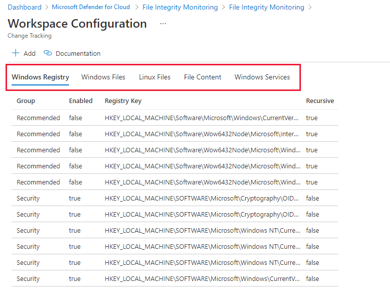 Microsoft Defender for Cloud でのファイルの整合性の監視に関するワークスペース構成のスクリーンショット。